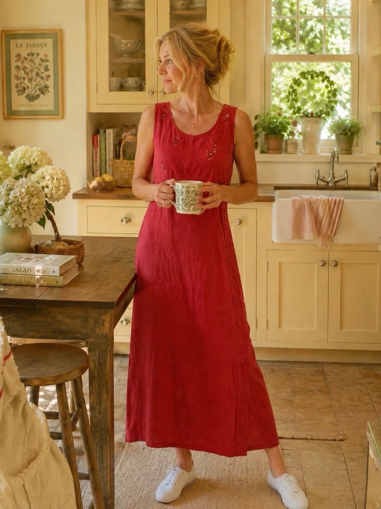 Nwt Women’s 100% Linen Red Embroidered Maxi Sleeveless Dress 16 90s Vintage Mom